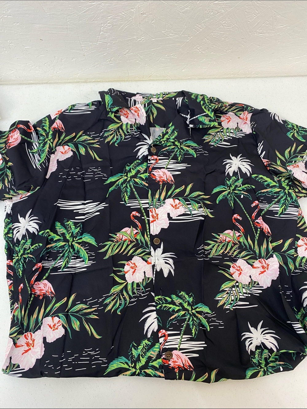 Black Tropical Floral Button-Up Shirt men’s lightweight flamingo palm tree